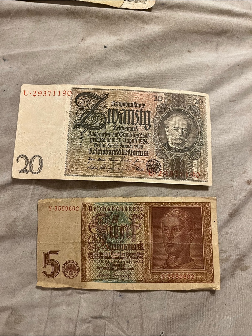 1929 20 and 1942 5 German banknote